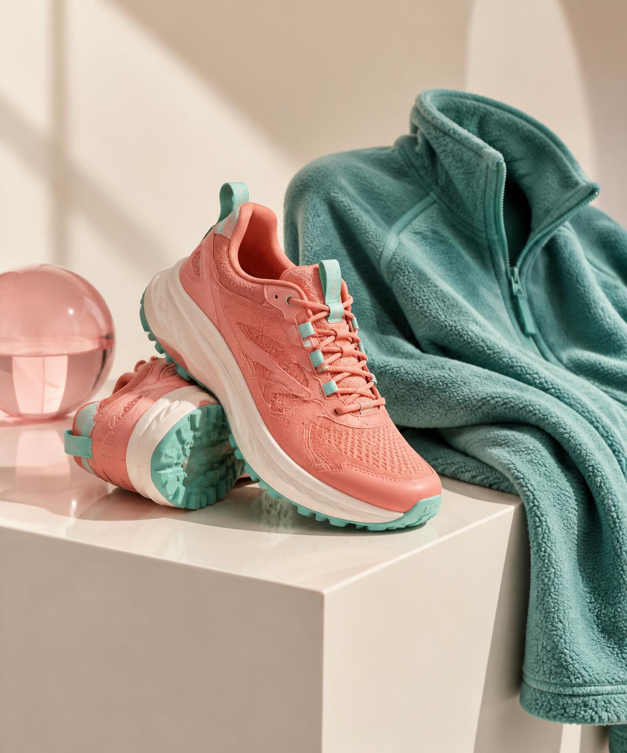 Coral trainers and a soft aqua fleece arranged in a bright studio